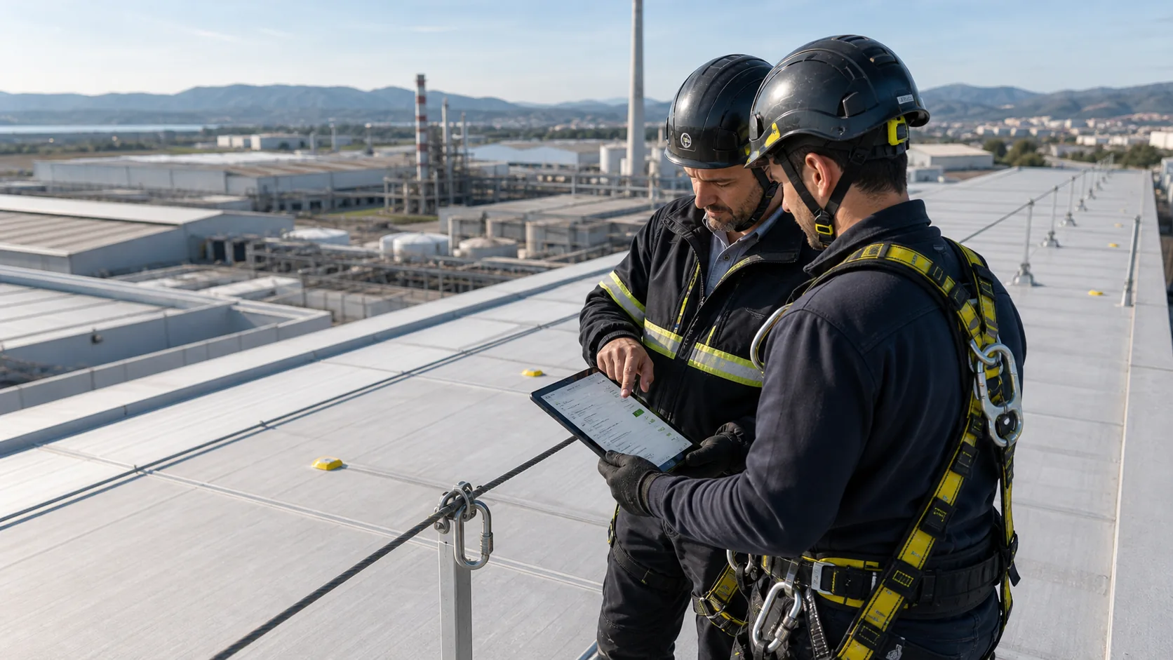 Técnicos preparando un informe de mantenimiento de cubierta industrial